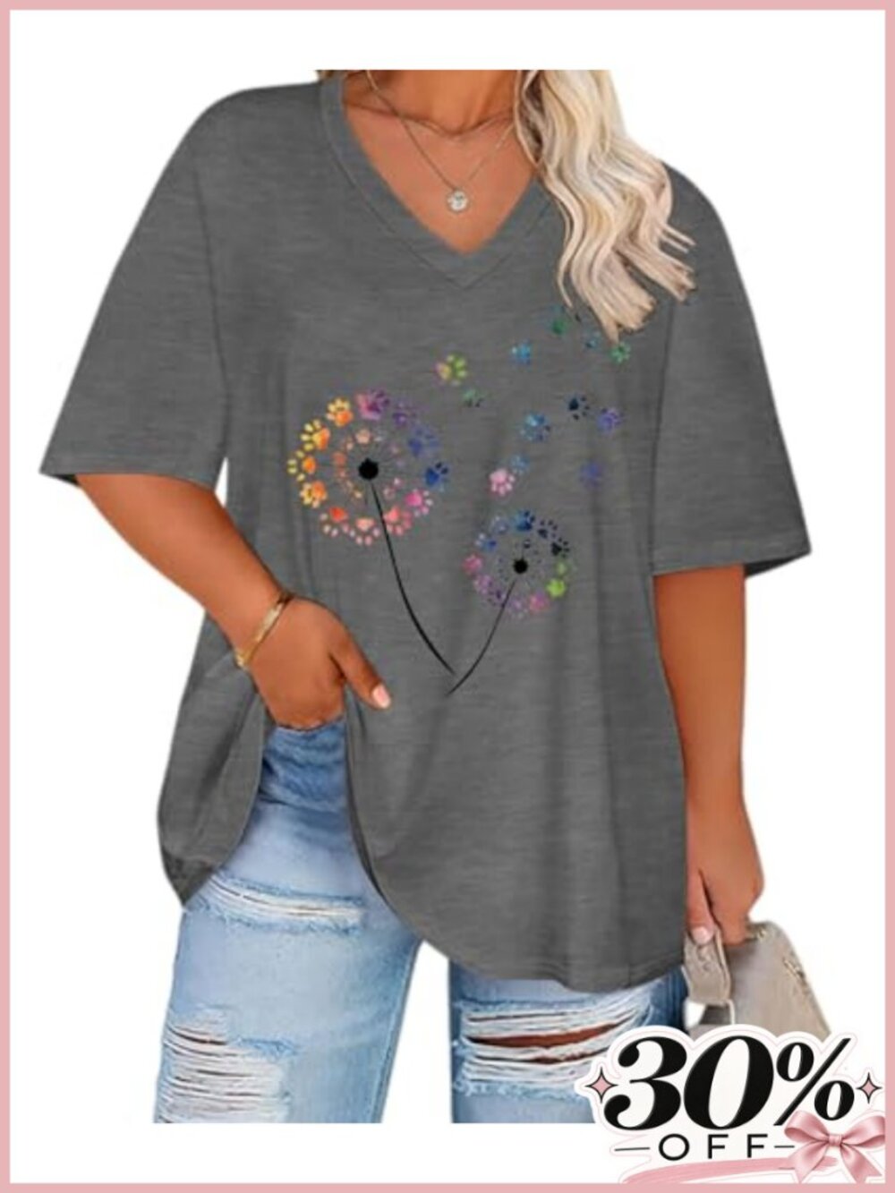 Plus Size Oversized V-Neck Graphic Tee Short Sleeve Summer Tunic Top Blouse
